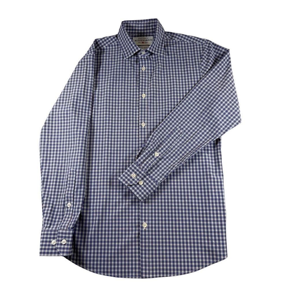 Mizzen+Main Leeward Dress Shirt Mens Small Trim Fit Navy Blue Check Stretch LS